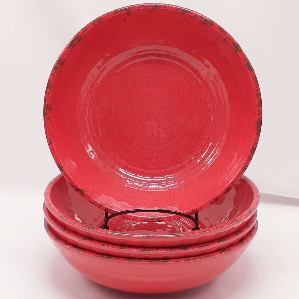 Dark Coral Red Rustic Melamine Bowls- set of 4
